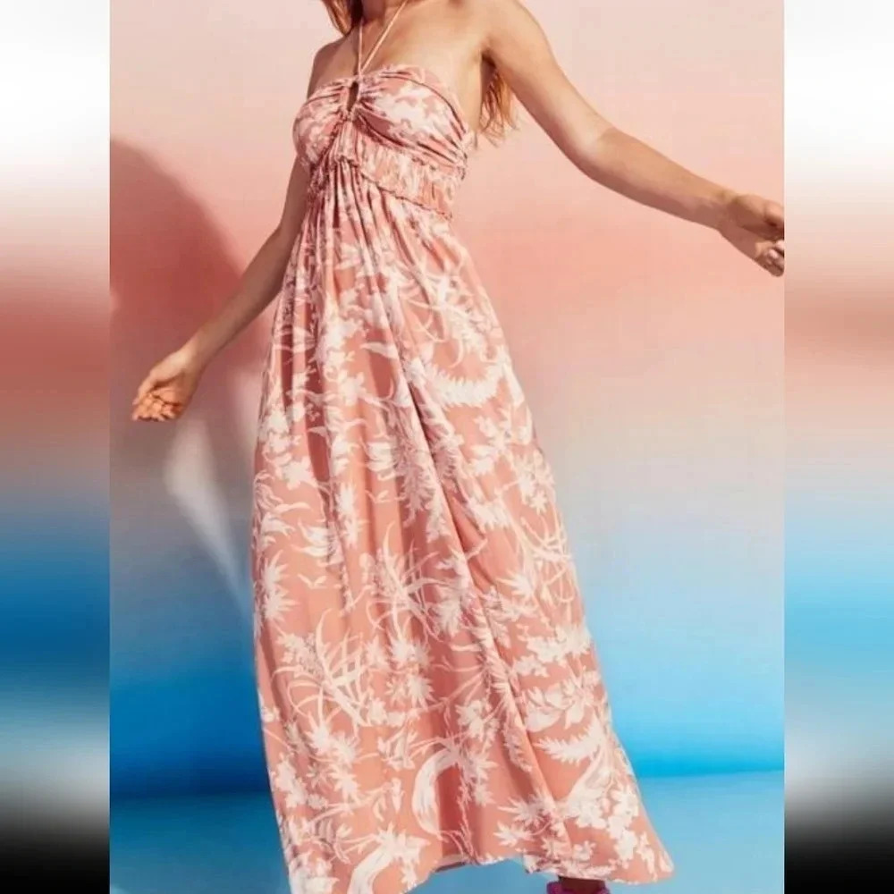 H&M floral cottagecore smocked tie detail halter apricot tropical maxi large - Picture 2 of 12